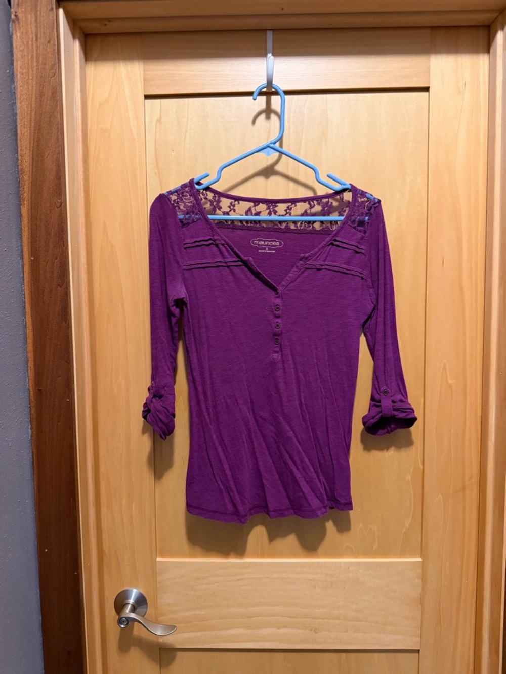 Maurices Plum Lace-Yoke Henley Long Sleeve Top